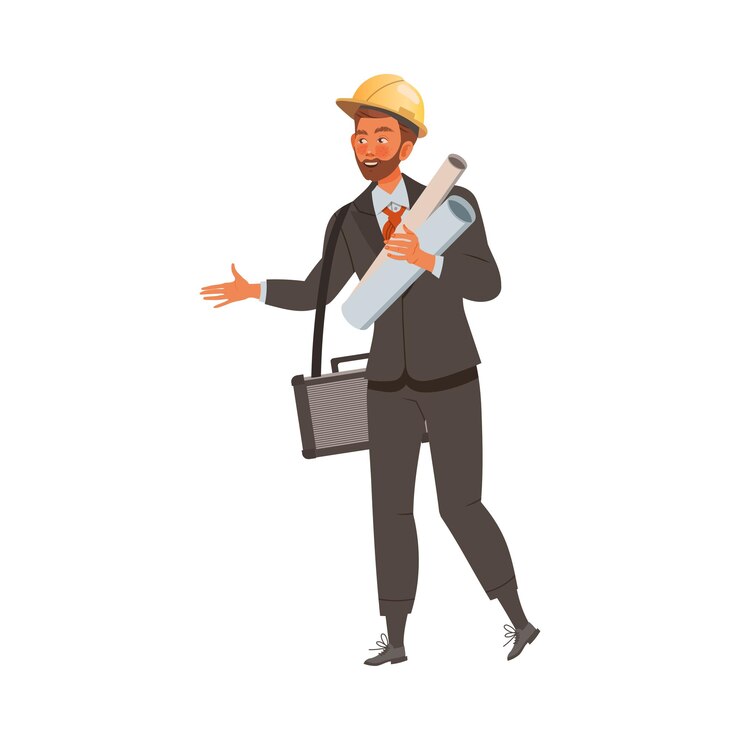 Vector hombre constructor o ingeniero en traje y sombrero duro sosteniendo una ilustración vectorial de papel de plano enrollado
