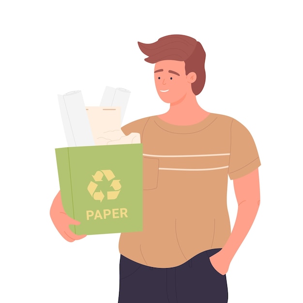 Hombre con el contenedor de papel reciclado