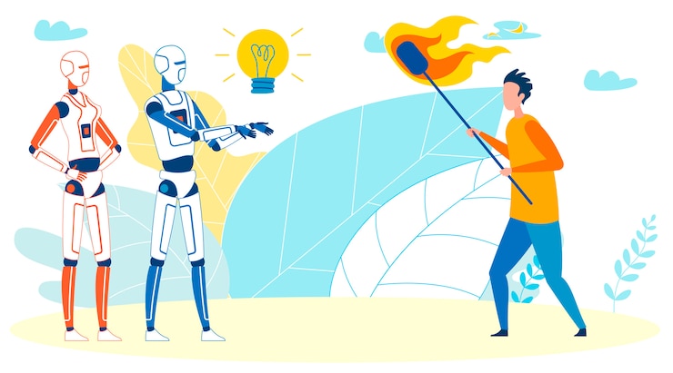 Vector hombre contra la inteligencia artificial vector concepto