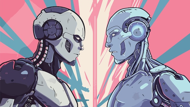 Hombre contra robot explorando el desafío cibernético de la inteligencia artificial