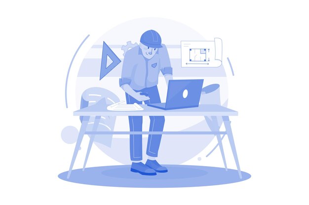 Hombre contratista trabajando en la computadora portátil