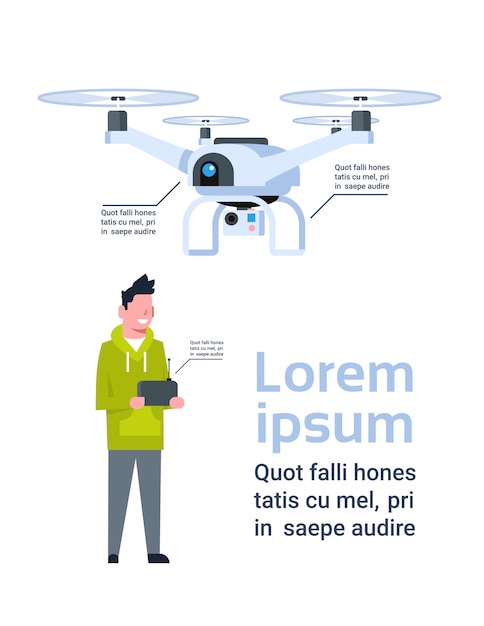 Hombre con control remoto para drone moderno sobre plantilla infografía