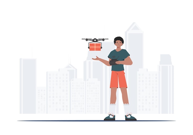 Un hombre controla un dron con un paquete Concepto de entrega Diseño plano moderno Vector