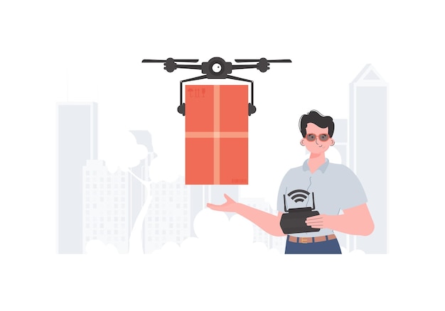 Un hombre controla un quadcopter con un paquete El concepto de entrega de carga por aire estilo moderno Ilustración vectorial