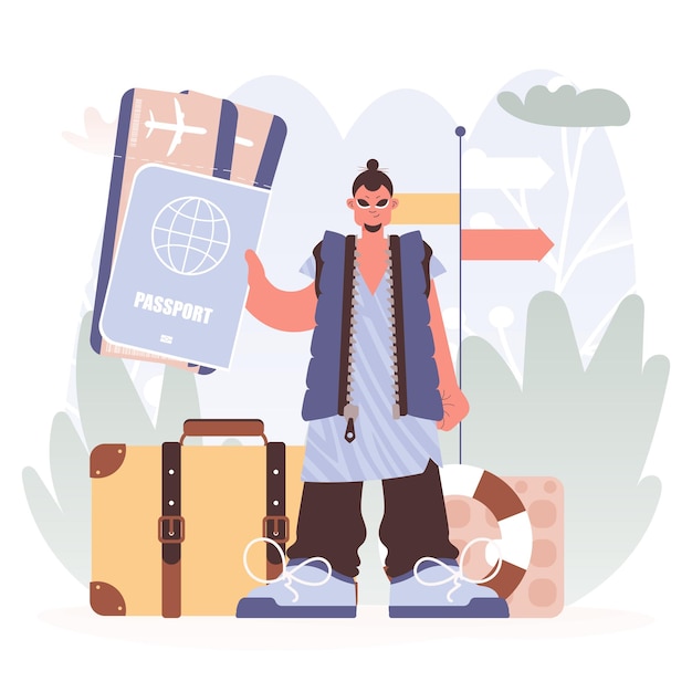 El hombre controla su identificación completa y consulta en los boletos. Emprende un viaje lleno de hambre por experiencias no utilizadas y encuentro con las consideraciones del mundo.