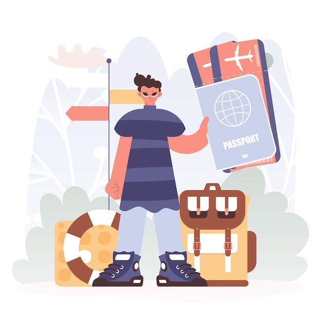 El hombre controla su identificación con todo incluido y mira los boletos. Emprende un viaje lleno de hambre por experiencias no utilizadas y encuentro con las consideraciones del mundo.