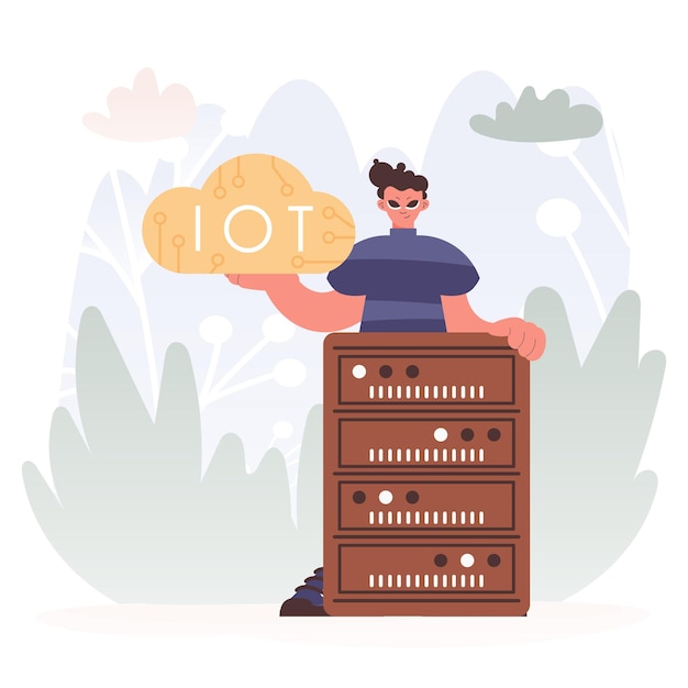Hombre controlando la imagen de IoT en el interior del centro de una serie de servidores que simbolizan la interconectividad y los avances mecánicos de los tiempos avanzados