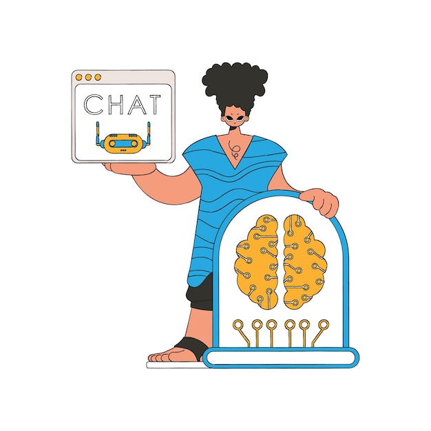 Hombre conversando con IA en un dispositivo portátil, ilustrado en arte vectorial.