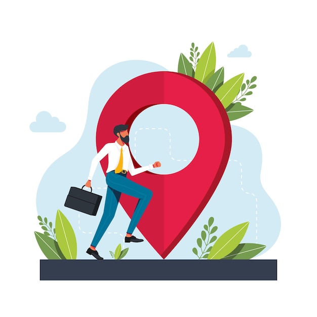 El hombre corre hacia la geolocalización. Símbolo de geolocalización. Aplicación de servicio de navegación GPS. mapas, obtener metáforas de direcciones. Ilustraciones de metáfora de concepto aislado de vector. Obtener direcciones concepto abstracto