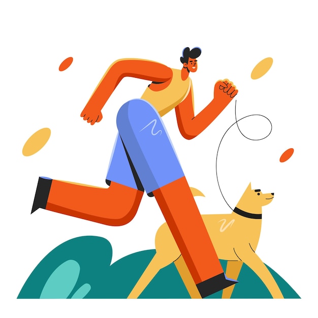 Un hombre corre con un perro el tipo hace deportes y entrena a un cachorro de raza pura salud y naturaleza