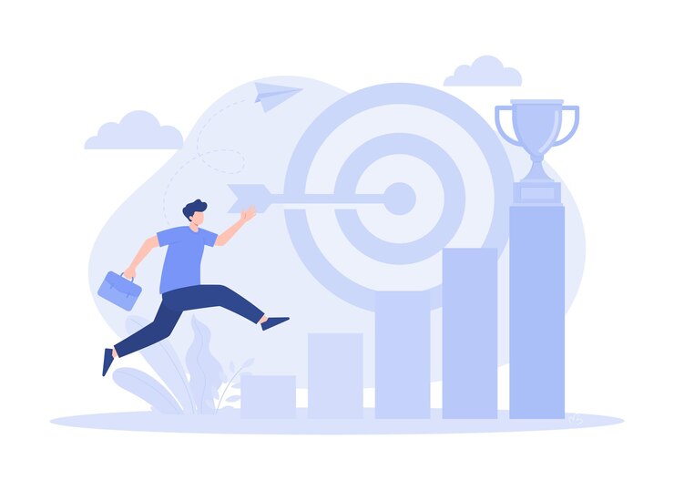 Vector un hombre corre hacia su objetivo en el camino de la escalera del gráfico para lograr el objetivo ilustración plana moderna