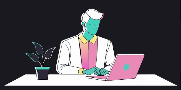 un hombre con una correa verde se sienta en una mesa con una computadora portátil y un fondo negro