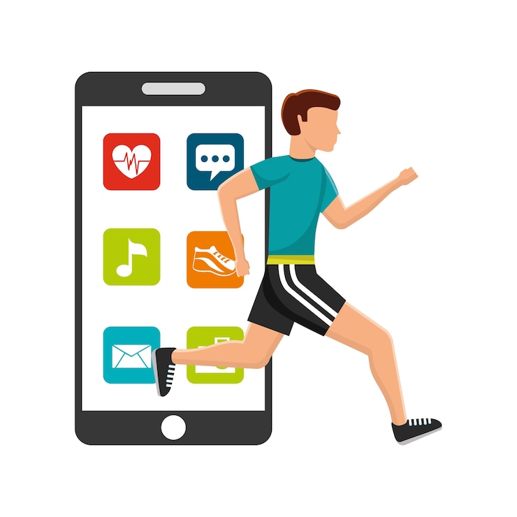 Vector hombre corredor deporte tecnología de aplicaciones de smartphone