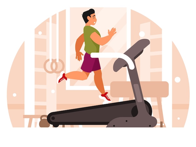 Hombre corriendo en una cinta de correr Hombre entrenando en una máquina de cardio Un gimnasio con barras de pared un caballo de pommel
