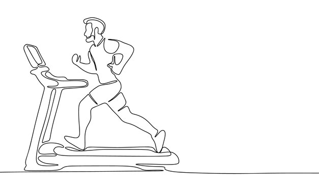 Hombre corriendo en una cinta de correr una línea concepto continuo deporte pancarta ilustración vectorial de arte de línea