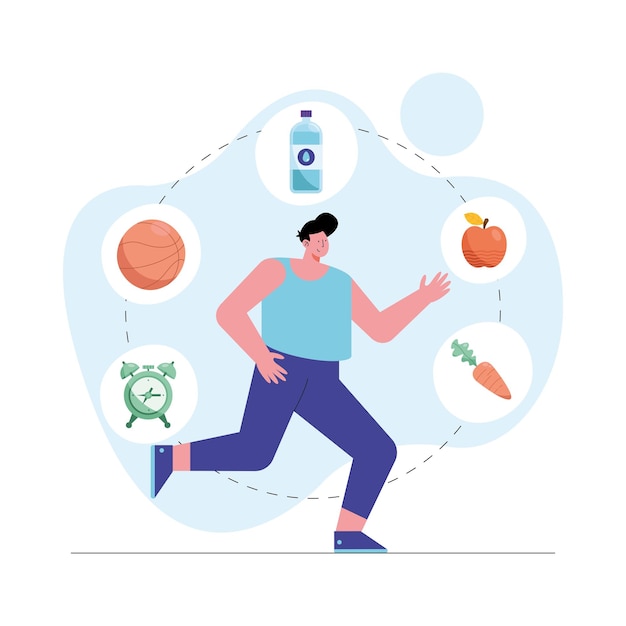 Hombre corriendo con iconos saludables