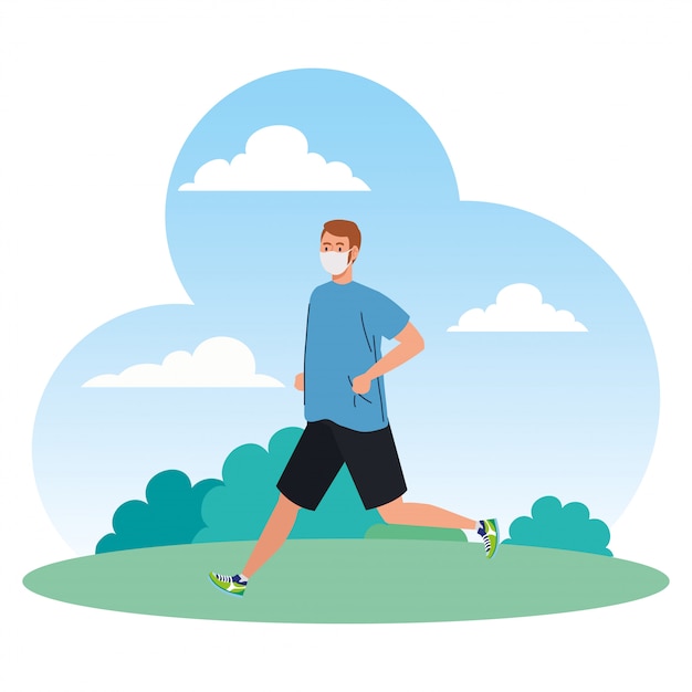 Hombre corriendo con máscara médica al aire libre, prevención coronavirus covid 19