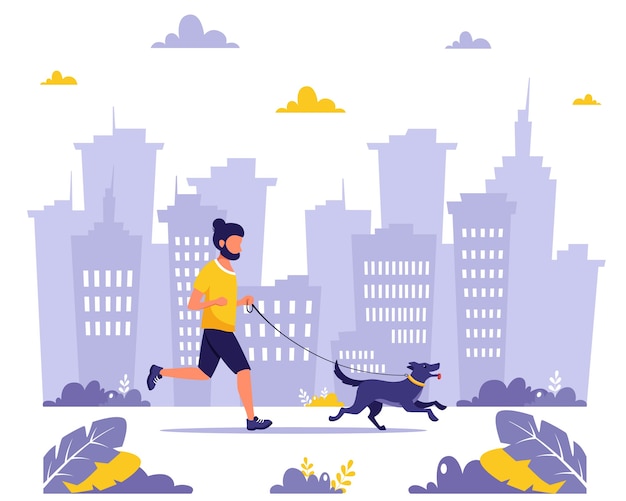 Hombre corriendo con perro en la ciudad