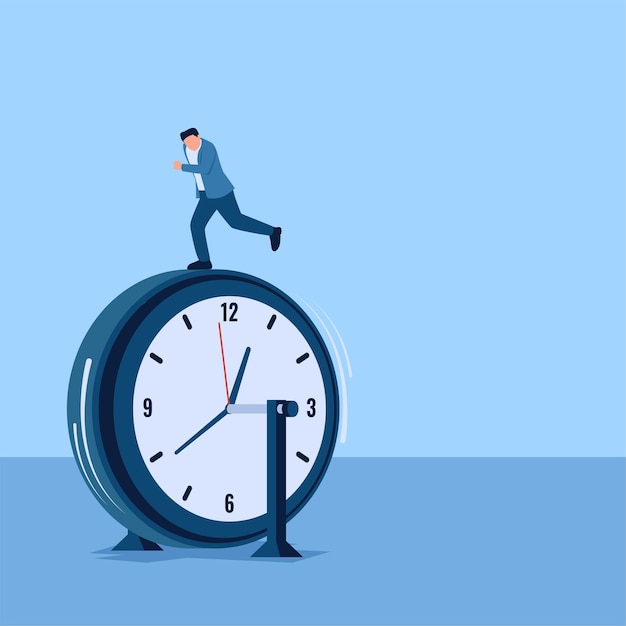 Vector hombre corriendo en un reloj que gira en su lugar una metáfora para una carrera contra el tiempo ilustración conceptual plana simple