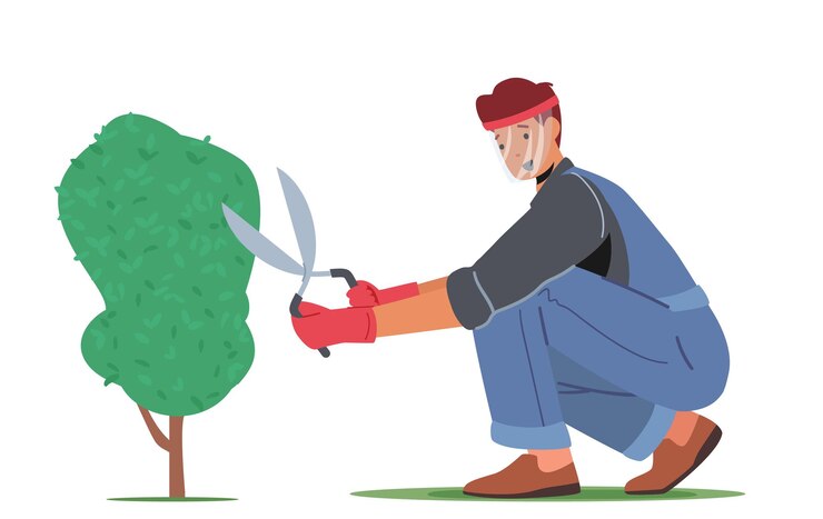 Vector el hombre cortó setos en el huerto haciendo trabajos de jardinero podar arbustos con tijeras, trabajador, personaje masculino, recortar arbustos en el jardín