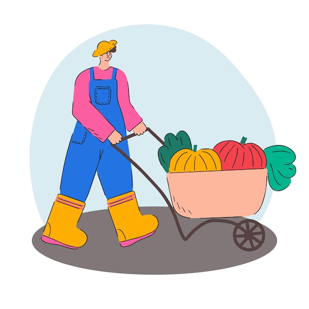 Vector el hombre está cosechando carro con calabazas trabajo agrícola de otoño ilustración plana