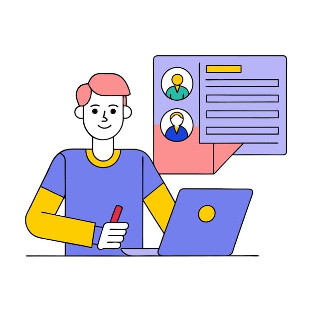 Hombre creando una ilustración vectorial de currículum de solicitud de trabajo y redacción de currículo profesional