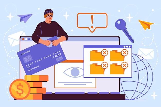 Hombre criminal cibernético Hombre con ropa negra y sombrero cerca de la computadora con tarjeta bancaria Robo de identidad en Internet Cybercrimen y peligro en Internet Ilustración vectorial plana
