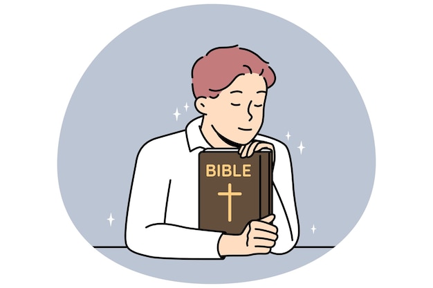 Hombre cristiano sostiene la Biblia ora a Dios siente la gracia