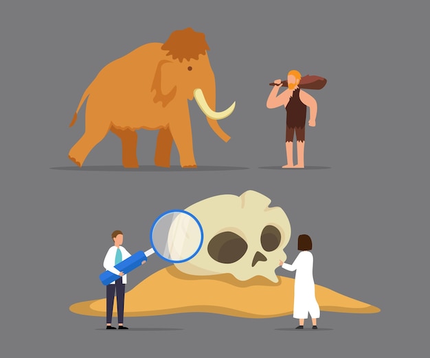 Vector hombre de la cueva con mamut y arqueólogos