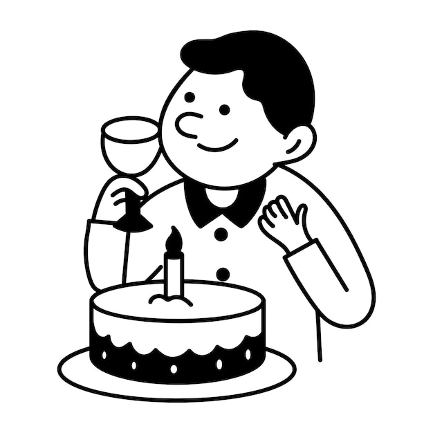 Hombre de cumpleaños bebiendo vino con ilustración de doodle de pastel