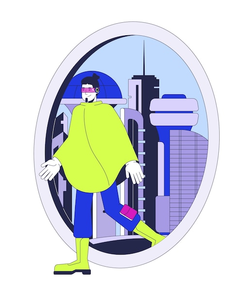 El hombre cyberpunk es una ilustración plana de dibujos animados de teletransportación futurista.
