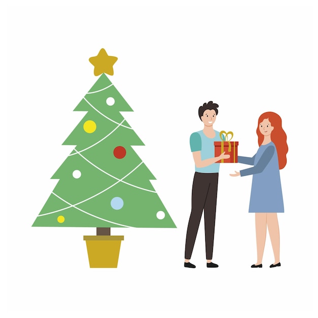 Un hombre le da a una mujer un gran regalo cerca del árbol de navidad. ilustración de vector festivo para año nuevo y navidad. carácter plano aislado en un fondo blanco. marido y mujer celebran la fiesta.