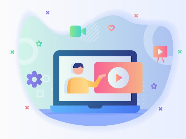 Vector el hombre da un video tutorial en línea en un curso de video de tutoría de concepto de pantalla de computadora portátil con estilo plano.