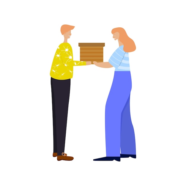 Un hombre dando una caja de regalo a una mujer ilustración vectorial aislada sobre fondo blanco