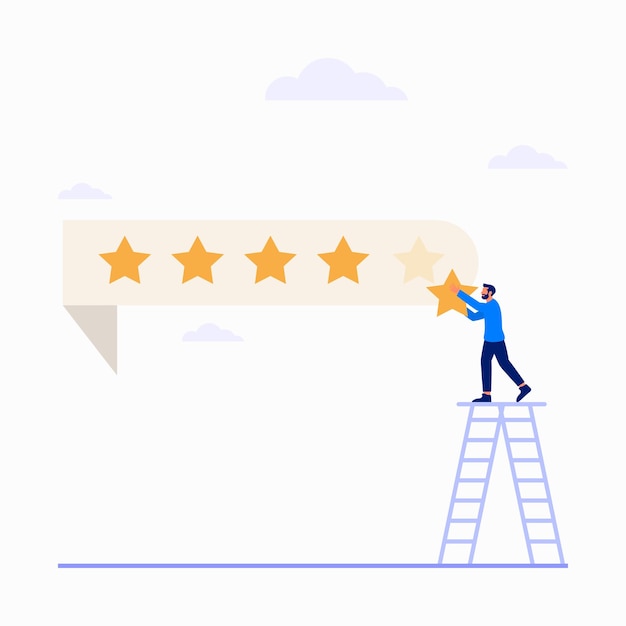 Hombre dando comentarios de cinco estrellas y eligiendo la calificación de satisfacción ilustración plana