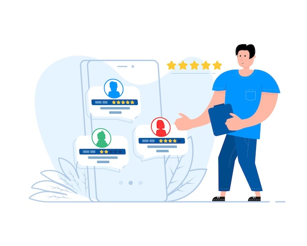 Hombre dando evaluación en la tienda de Internet Atención al cliente Comentarios de cinco estrellas