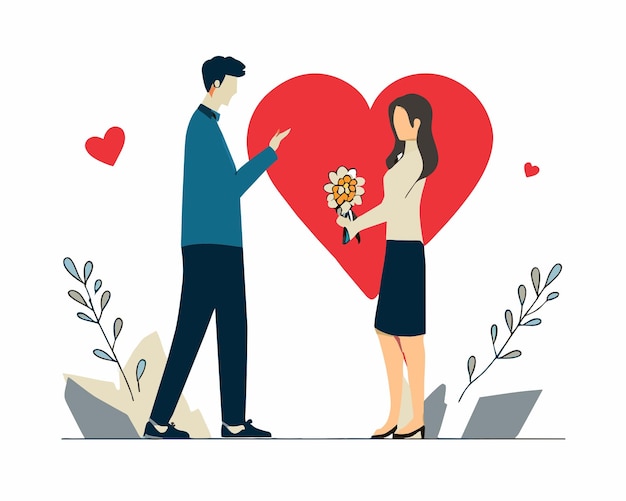 Hombre dando a la mujer un corazón y una flor gesto romántico de cariño y amor