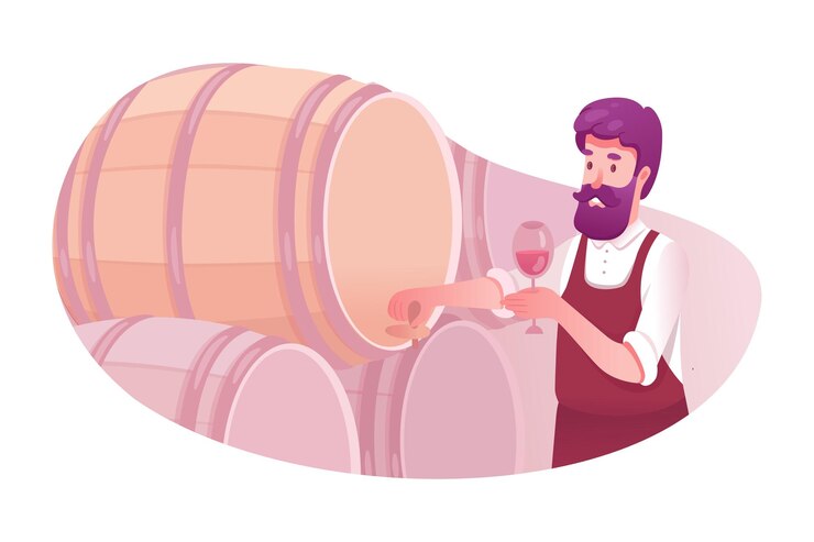 Hombre degustando vino de barril Proceso de elaboración de vino espumoso de champán rosa blanco rojo con carácter de sommelier profesional