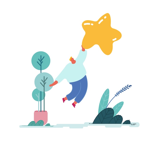 Hombre dejando calificación de cinco estrellas. Experiencia y satisfacción del carácter de las personas, comentarios positivos, calificación del trabajo, revisión y evaluación de productos o servicios. Piso moderno