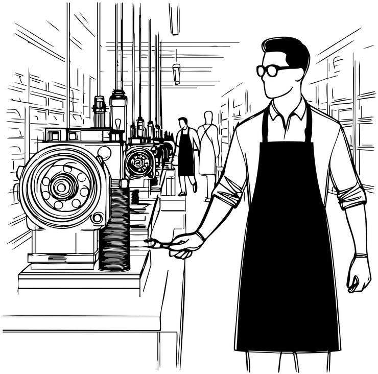 Vector hombre de delantal negro trabaja en un boceto de fábrica