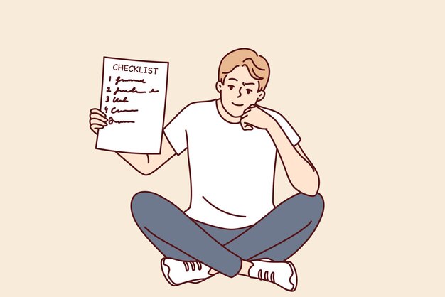 El hombre demuestra una lista de verificación que recomienda la gestión del tiempo y la organización del propio trabajo