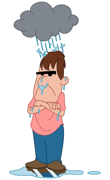 hombre deprimido y enojado bajo una nube de lluvia