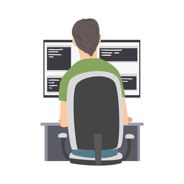 Hombre desarrollador web o programador sentado y trabajando frente a la pantalla de la computadora Ilustración vectorial