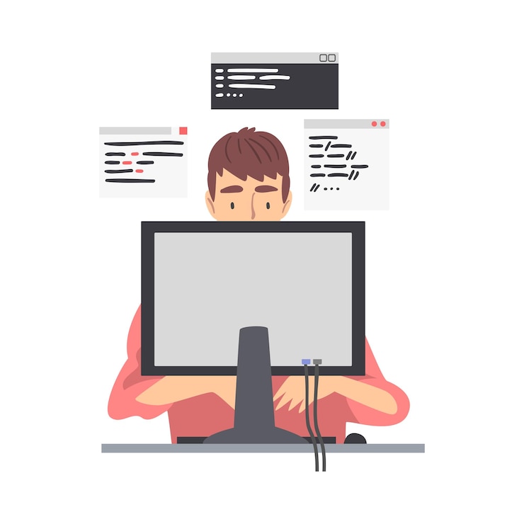 Vector hombre desarrollador web o programador trabajando frente a la ilustración vectorial de la pantalla de la computadora