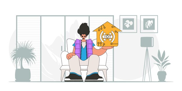 Hombre descansando en el suelo, agarrando un logotipo de IoT en un estilo de arte vectorial moderno.