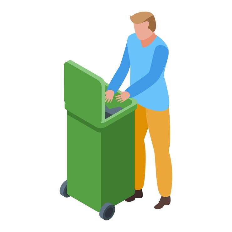 Vector hombre desempleado en icono de contenedor de basura isométrico de hombre desempleado en icono de vector de contenedor de basura para diseño web aislado sobre fondo blanco