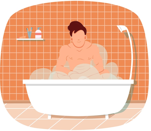 Vector hombre desnudo sentado en una bañera con agua caliente diseño interior de baño de moda hombre tomando un baño concepto de limpieza de piel y cabello personaje masculino relajándose en la sauna de casa con ilustración vectorial de vapor