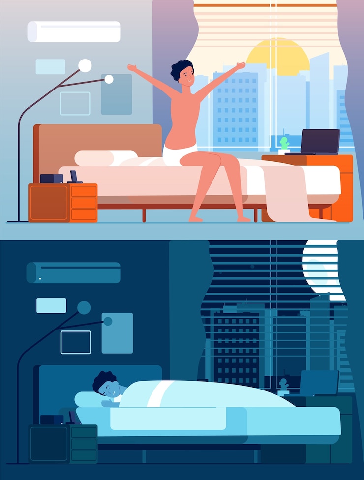 Vector hombre despierta. los personajes masculinos en la cama por la noche se relajan por la mañana sentados y despertando a la persona plana. persona masculina duerme en el dormitorio, despierta y duerme la ilustración
