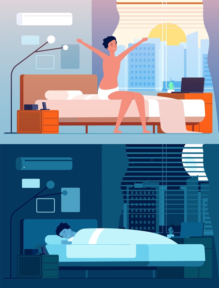 Vector hombre despierta. los personajes masculinos en la cama por la noche se relajan por la mañana sentados y despertando a la persona plana. persona masculina duerme en el dormitorio, despierta y duerme la ilustración