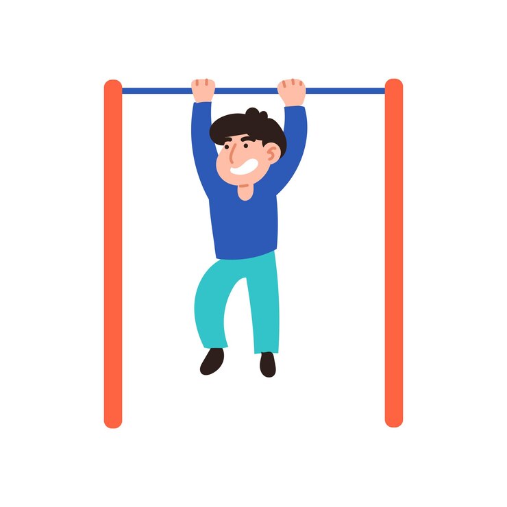 Vector el hombre se detiene en la barra horizontal campo de deportes horizontal fornido atlético hombre cuerda entrenamiento bolibuilding concepto de estilo de vida saludable estilo plano hombre en una camiseta azul sobre un fondo blanco